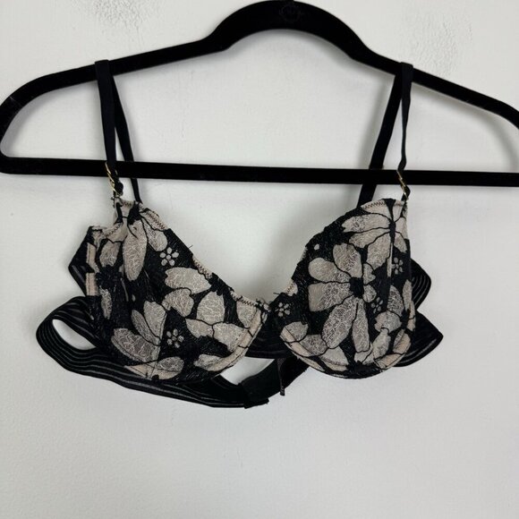 Victorias Secret Unlined Floral Lace Balconette Bra 34B Black Beige - Picture 1 of 3